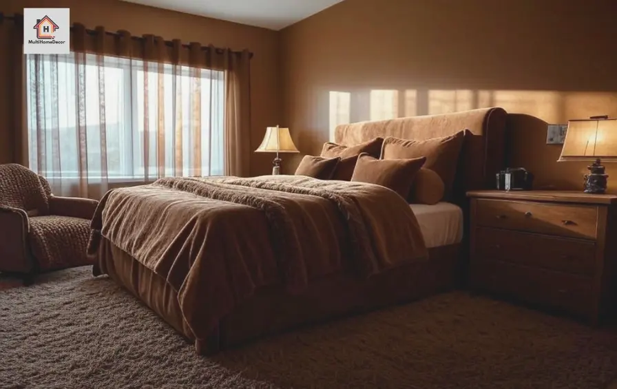 Warm bedroom with brown walls, cozy bed, brown pillows, lamps, armchair, and large windows with curtains.